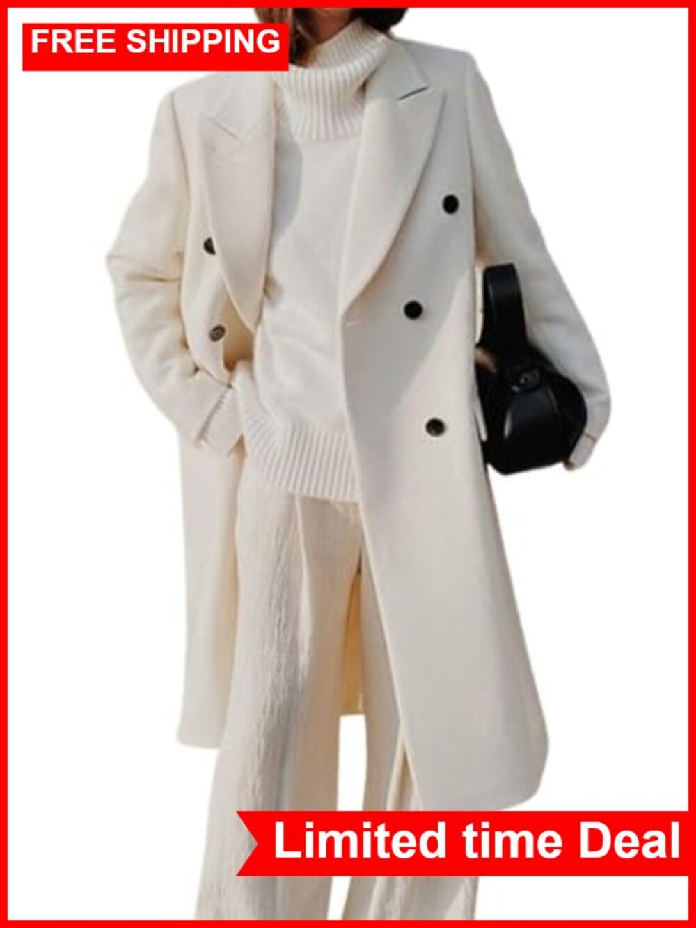 Women's Double Breasted Wool Blend Pea Coat Notched Lapel Winter Overcoat